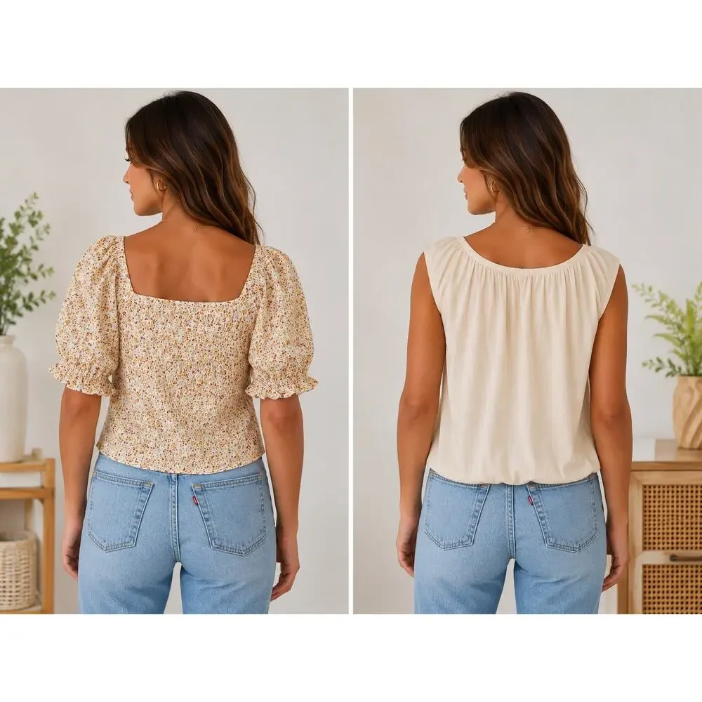 Madewell Bundle Floral Smocked Puff Sleeve Top Linen Blend Tank Boho Cottagecore